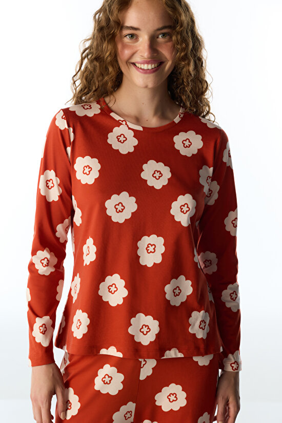 Turuncu Soft Bloom Çiçekli Uzun Kollu Pantolon Pijama Takımı - 3