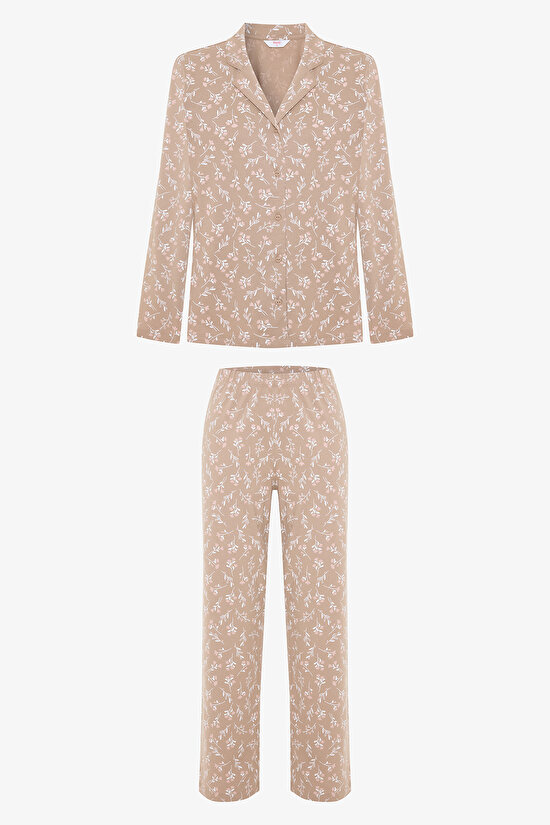 Bej Flower Time Gömlek Yaka Pamuklu Uzun Kollu Pijama Takımı Bej Flower Time Gömlek Yaka Pamuklu Uzun Kollu Pijama Takımı - 1