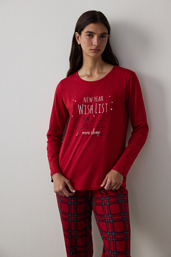 Kırmızı NY Wishlist Ekoseli Pamuklu Uzun Kollu Pijama Takımı - 2