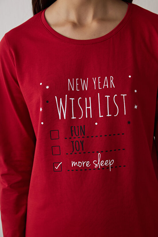 Kırmızı NY Wishlist Ekoseli Pamuklu Uzun Kollu Pijama Takımı - 3
