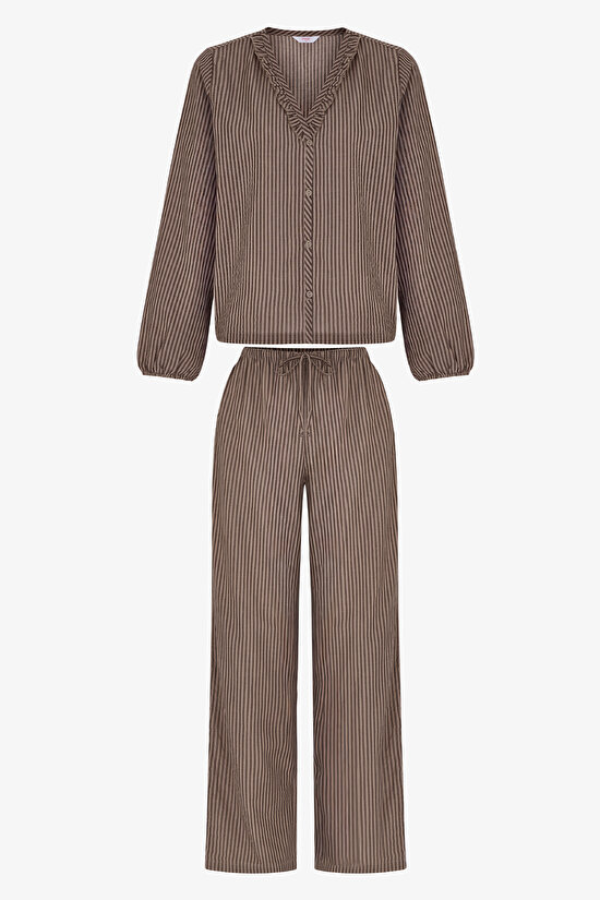Beige Warm Taupe Striped Long Sleeve Shirt & Trouser Pyjama Set - 1