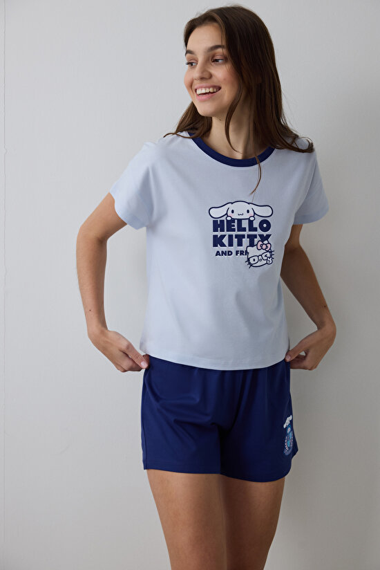 Açık Mavi Sanrio Happy Friends Bisiklet Yaka Kısa Kollu Şortlu Pijama Takımı - 1