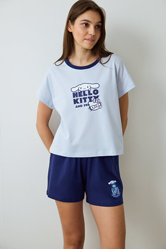 Light Blue Sanrio Happy Friends Crew Neck Short Sleeve Pajama Set with Shorts Light Blue Sanrio Happy Friends Crew Neck Short Sleeve Pajama Set with Shorts - 4