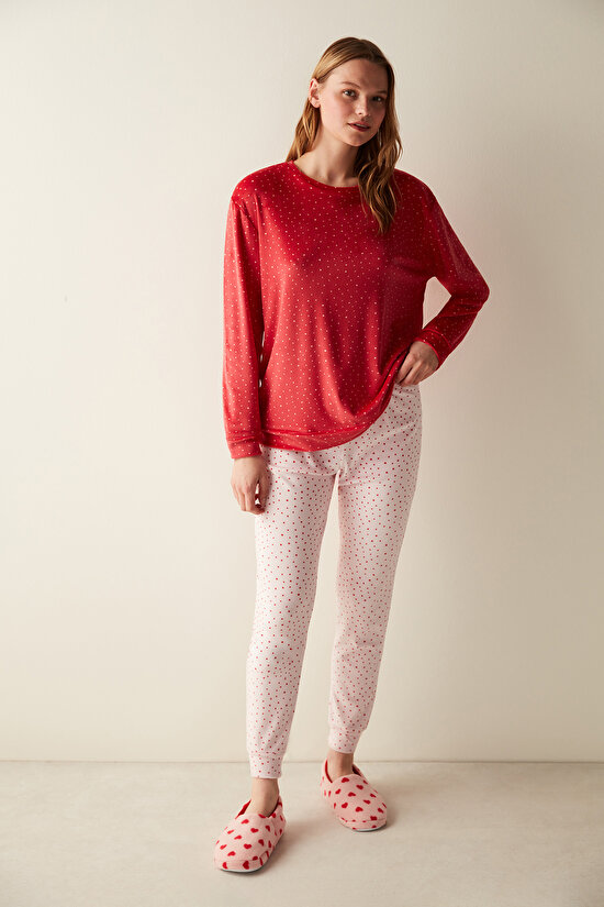 Yıldız Desenli Kırmızı Fuzzy Sweatshirt Pijama Üstü - 2