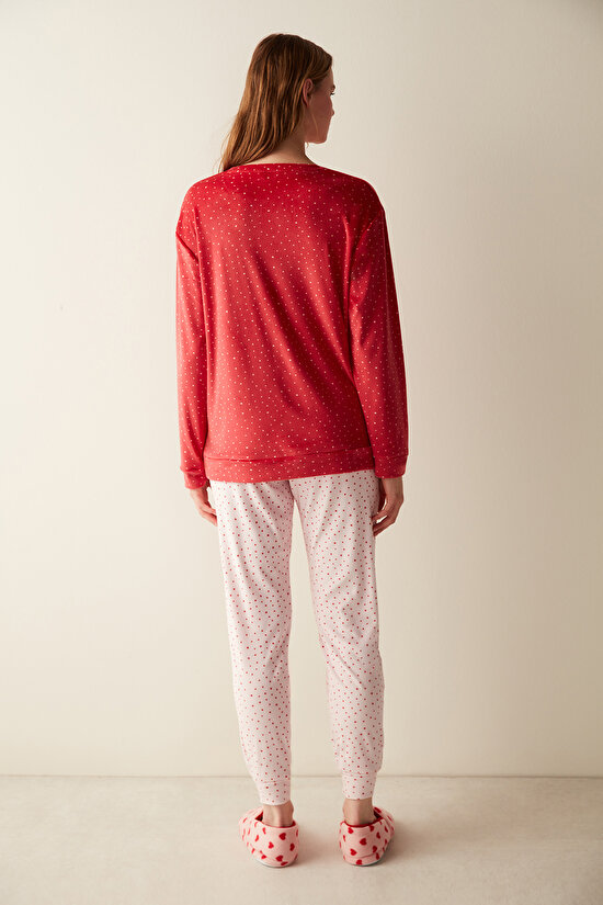 Yıldız Desenli Kırmızı Fuzzy Sweatshirt Pijama Üstü - 4
