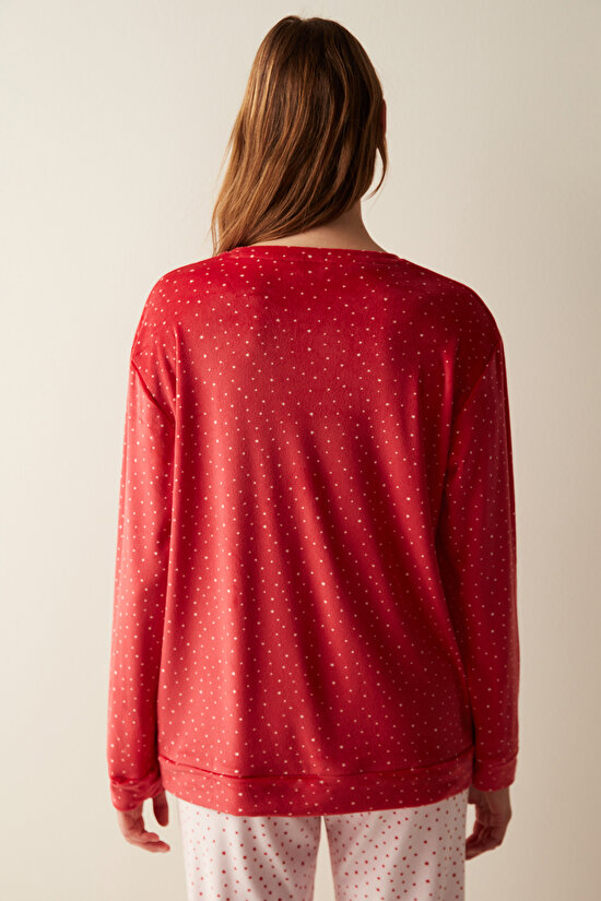 Yıldız Desenli Kırmızı Fuzzy Sweatshirt Pijama Üstü - 5