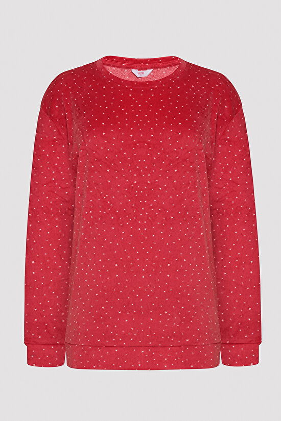 Yıldız Desenli Kırmızı Fuzzy Sweatshirt Pijama Üstü - 6