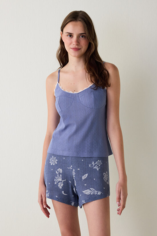 İndigo Hailee Çiçekli Dantelli Pamuklu Ajurlu Pijama Üstü - 1