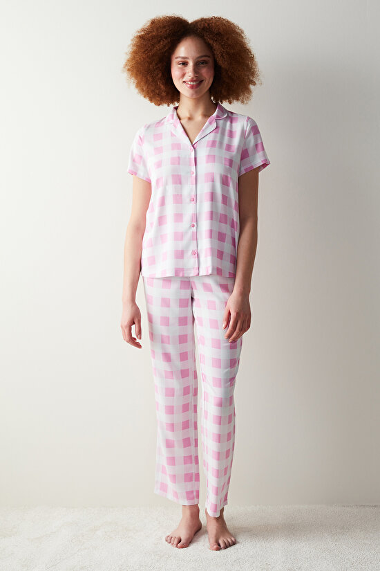 Gingham Pink Shirt Pant PJ Set - 1