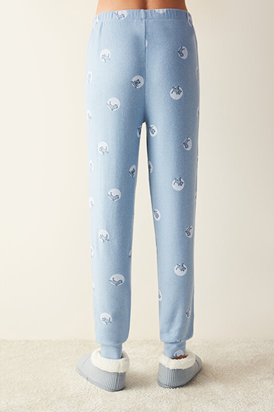 Moon Yoga Baskılı Mavi Pantolon Pijama Altı - 3