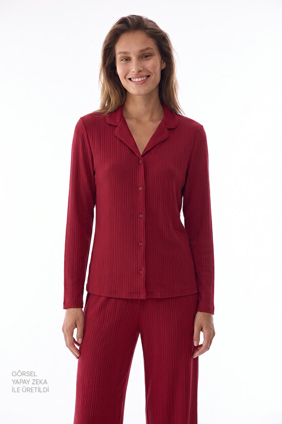 Bordo Lana Fitilli Uzun Kollu Gömlek Pantolon Pijama Takımı - 3