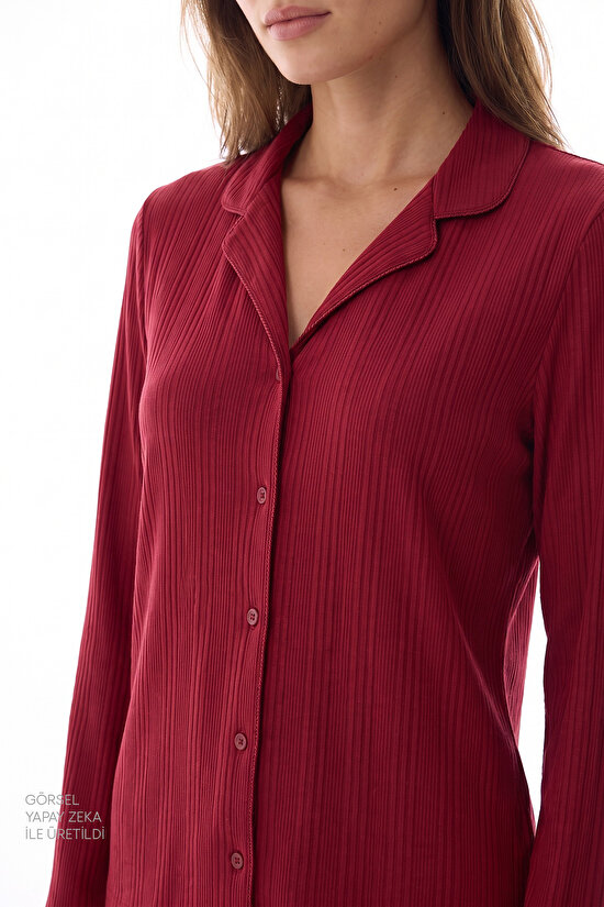 Bordo Lana Fitilli Uzun Kollu Gömlek Pantolon Pijama Takımı - 3