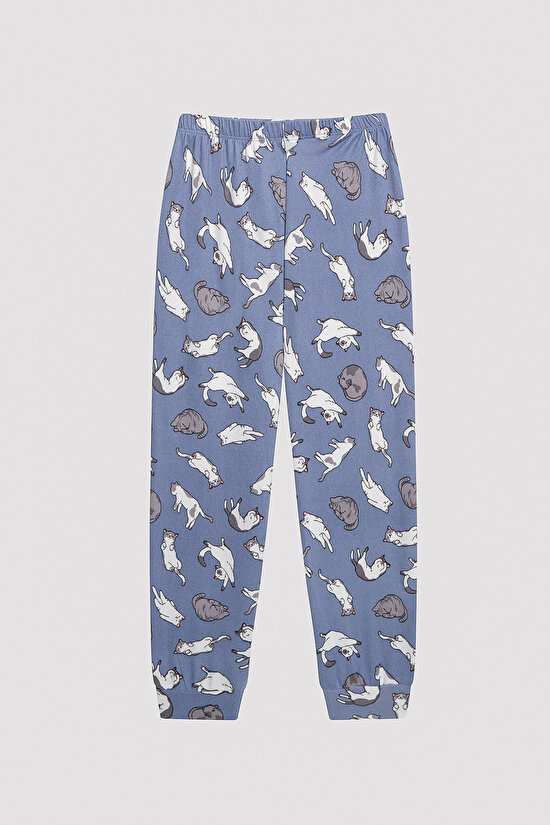 Unisex Çocuk Kedi Baskılı Termal Mavi Pijama Takımı - 3