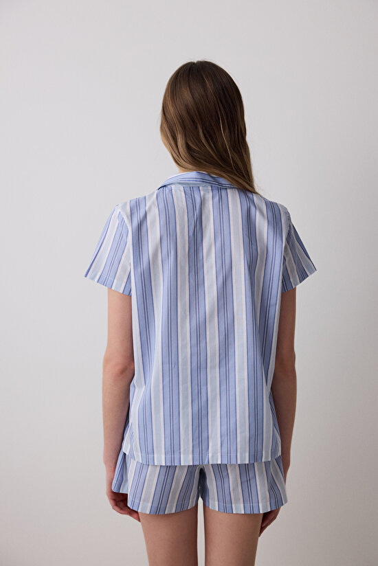Travel Striped Gömlek Şort Mavi Pijama Takımı - 4
