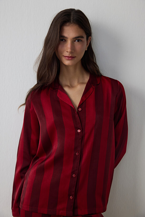 Red Margot Striped Satin Shirt Collar Long Sleeve Pajama Set - 3