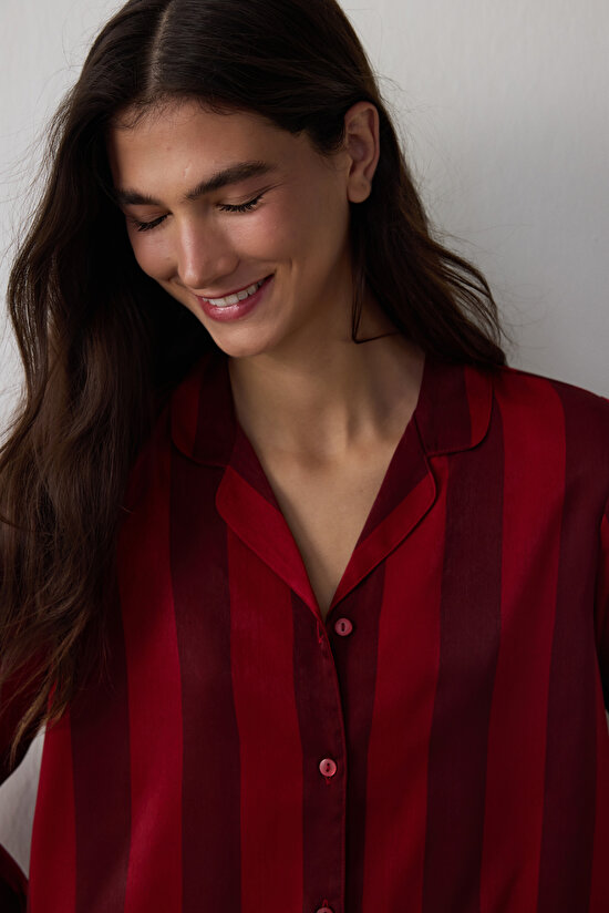 Red Margot Striped Satin Shirt Collar Long Sleeve Pajama Set - 4