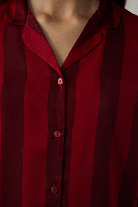 Red Margot Striped Satin Shirt Collar Long Sleeve Pajama Set - 5