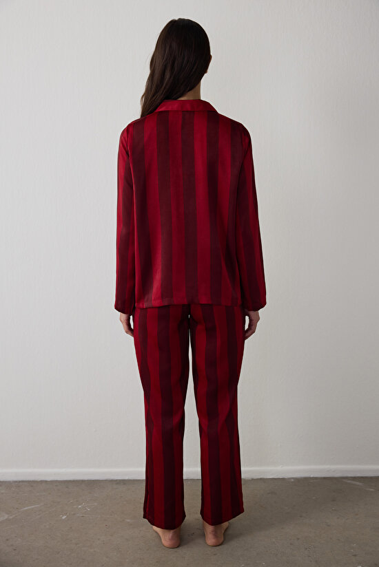 Red Margot Striped Satin Shirt Collar Long Sleeve Pajama Set - 6