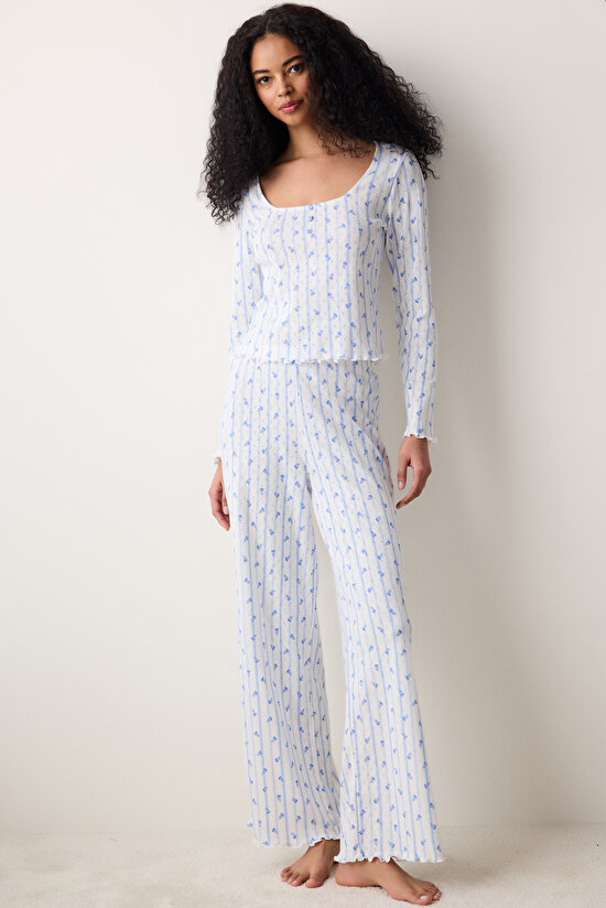 Roses Printed Pointel Pantolon Kırık Beyaz Pijama Altı - 3