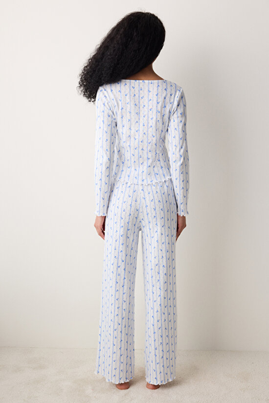 Roses Printed Pointel Pantolon Kırık Beyaz Pijama Altı - 4