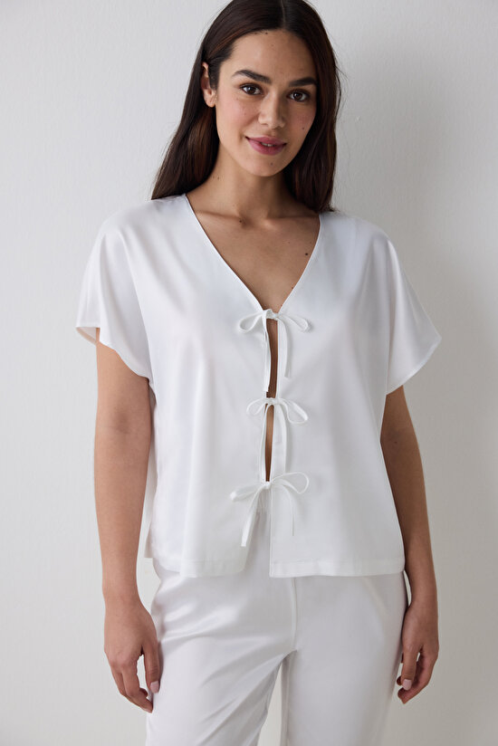 Bridal Satin Shirt Pant Off White PJ Set Bridal Satin Shirt Pant Off White PJ Set - 3
