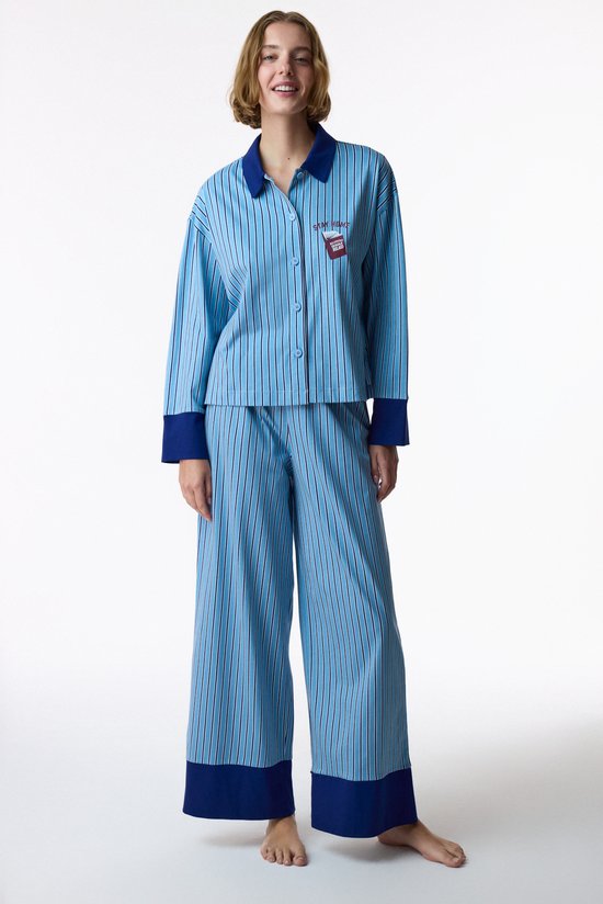 Blue Stay Home Striped Long Sleeve Shirt & Trouser Pyjama Set - 1