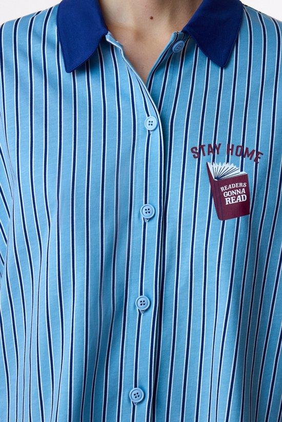 Blue Stay Home Striped Long Sleeve Shirt & Trouser Pyjama Set - 3