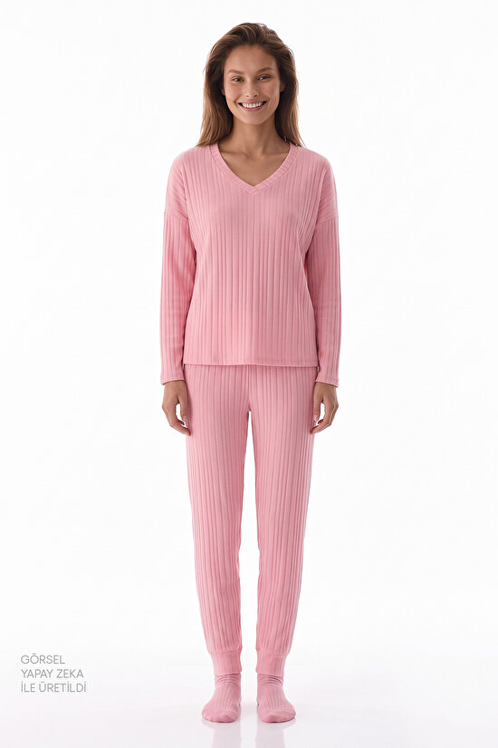Pembe Cozy Pink Uzun Kollu Pantolon Pijama Takımı - 1