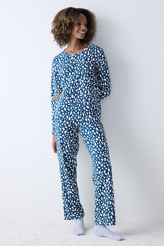 Blue Leopard Petrol Yeşili Pantolon Pijama Takımı - 1