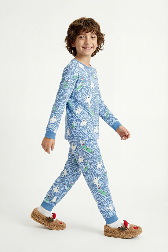 Light Blue Boys Mountain Monster Patterned Pajama Set - 4