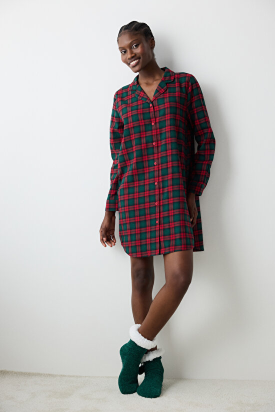 New York Yeşil Checked Çok Renkli Gömlek Elbise Gecelik - 3