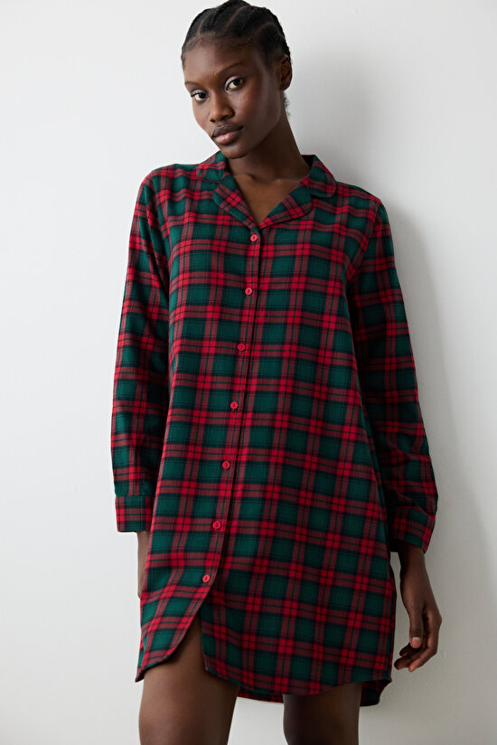 New York Yeşil Checked Çok Renkli Gömlek Elbise Gecelik - 4