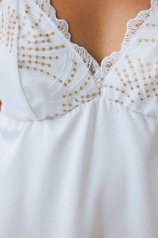 Kırık Beyaz Bridal Charming V Yaka Dantelli Saten Gelin Gecelik - 3