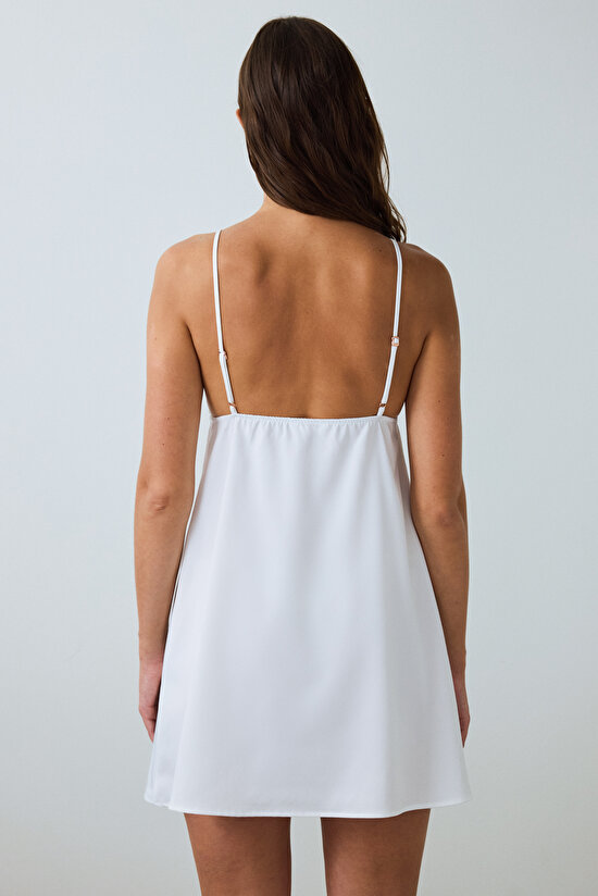 Kırık Beyaz Bridal Charming V Yaka Dantelli Saten Gelin Gecelik - 5