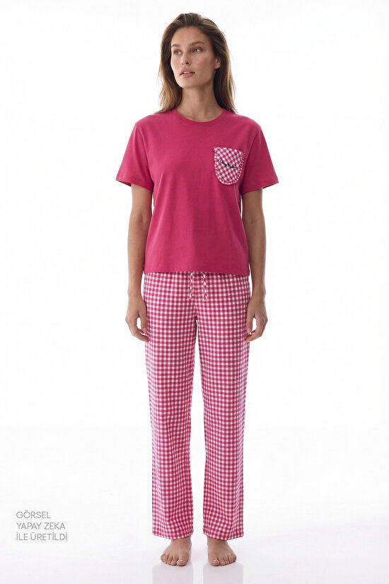 Fuşya Cozy Heart Pamuklu Pantolon Pijama Takımı - 3