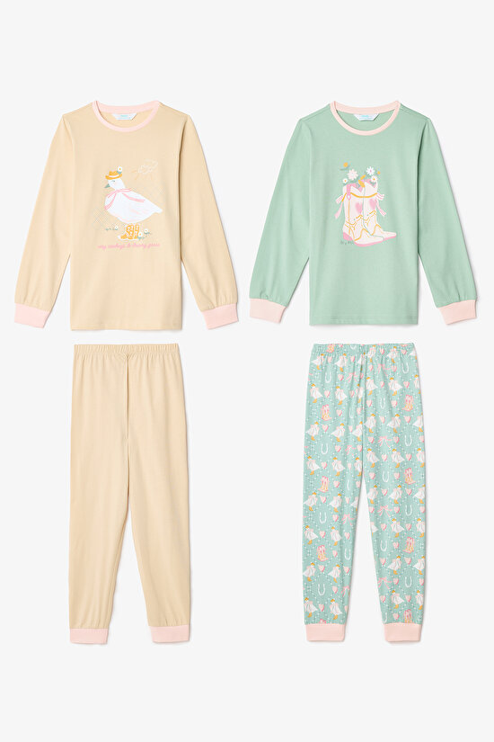 Kız Çocuk Cowboy Goose Çiçekli Uzun Kollu Pamuklu 2'li Pijama Takımı - 3