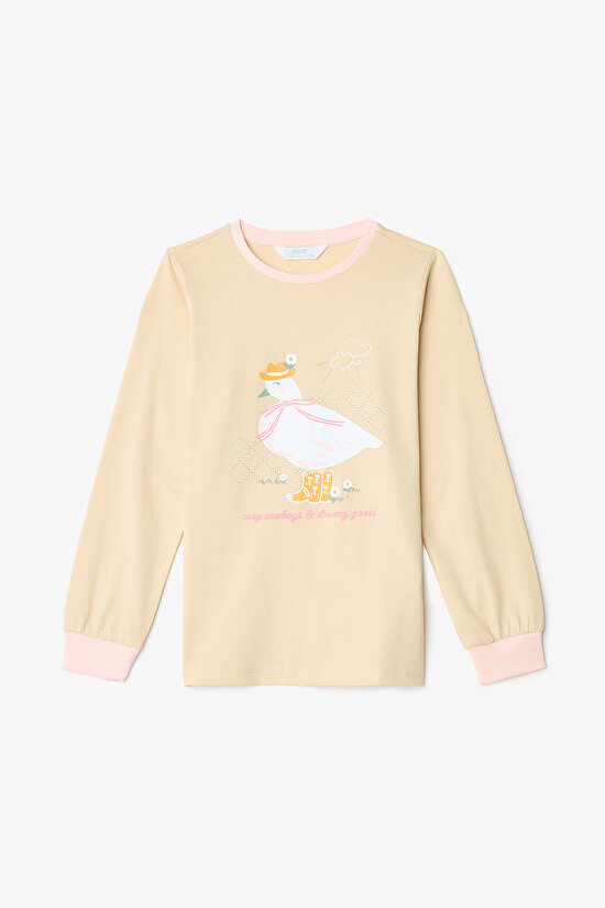Kız Çocuk Cowboy Goose Çiçekli Uzun Kollu Pamuklu 2'li Pijama Takımı - 5