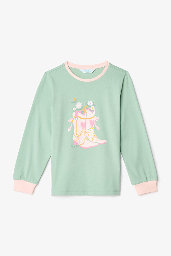 Kız Çocuk Cowboy Goose Çiçekli Uzun Kollu Pamuklu 2'li Pijama Takımı - 8