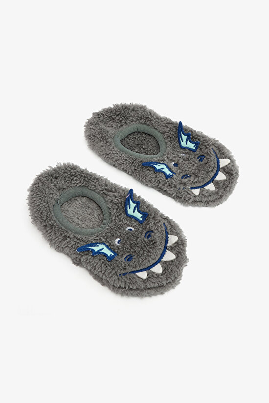 Gri Erkek Çocuk Dragon Nakışlı Aksesuarlı Kaymaz Taban Ev Patiği - 3