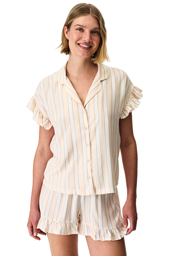 Beige Quinn Striped Shirt & Shorts Pajama Set - 1