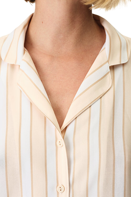 Beige Quinn Striped Shirt & Shorts Pajama Set - 3