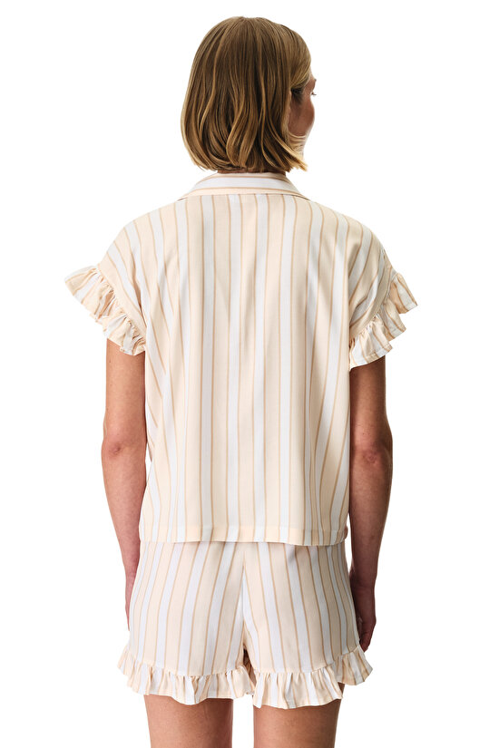 Beige Quinn Striped Shirt & Shorts Pajama Set - 4