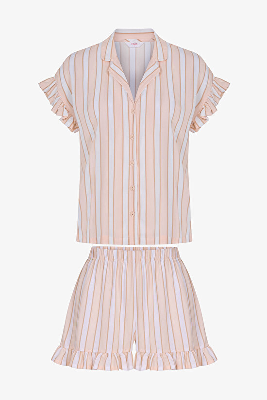 Beige Quinn Striped Shirt & Shorts Pajama Set - 5