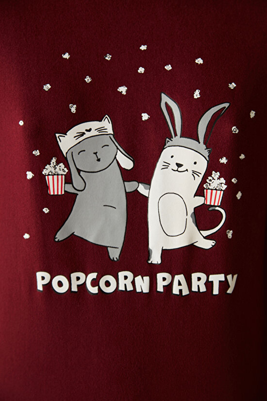Popcorn Party Baskılı Termal  Bordo Pijama Takımı - 3