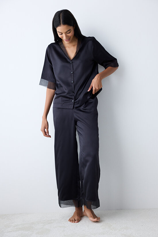 Belle Satin Black Shirt Pant PJ Set Belle Satin Black Shirt Pant PJ Set - 3