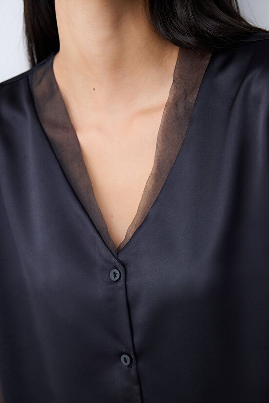 Belle Satin Black Shirt Pant PJ Set Belle Satin Black Shirt Pant PJ Set - 4