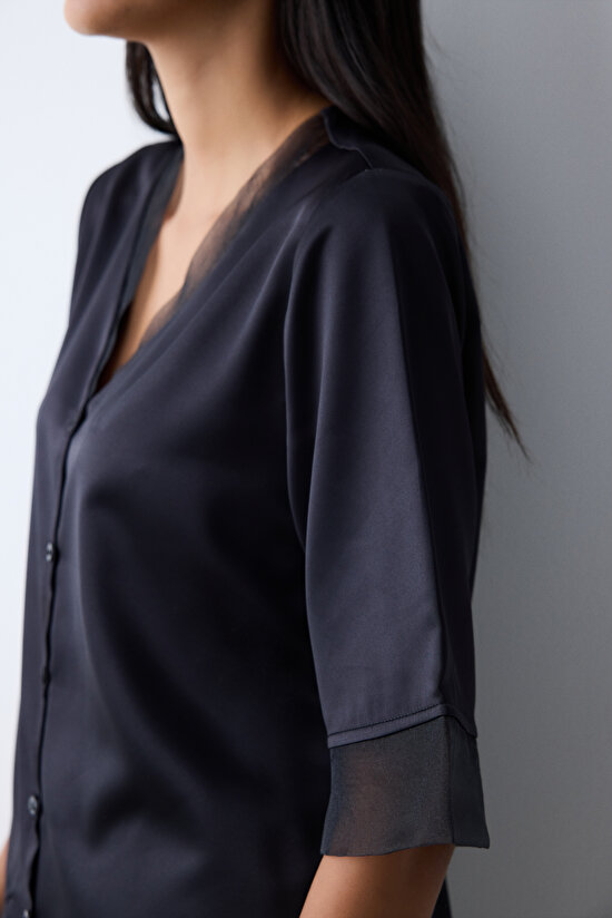 Belle Satin Black Shirt Pant PJ Set Belle Satin Black Shirt Pant PJ Set - 5