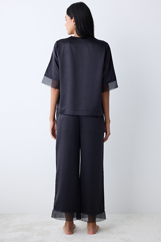 Belle Satin Black Shirt Pant PJ Set Belle Satin Black Shirt Pant PJ Set - 6