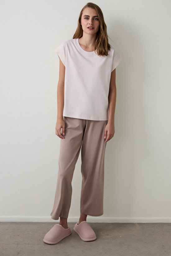 Koyu Bej Weekend Time Bağlama Detaylı Pamuklu İspanyol Paça Pijama Altı - 4