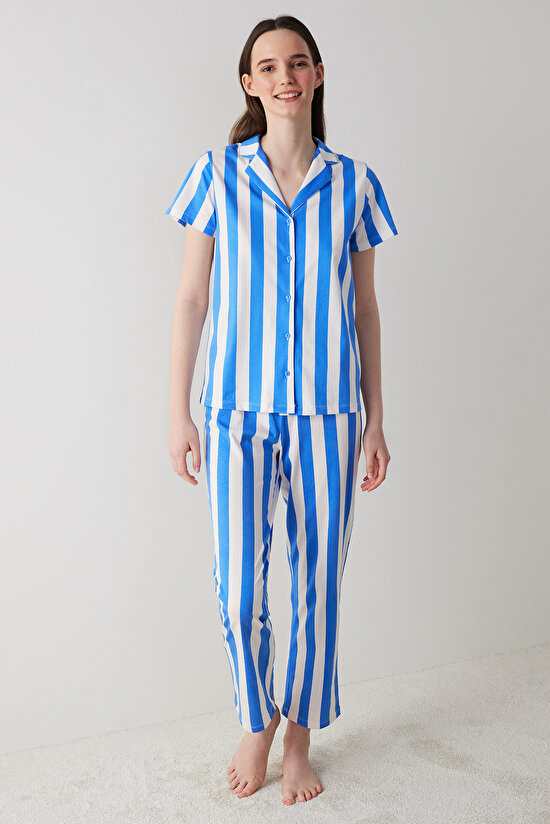 Ent Mixed Stripes Mavi Gömlek Pantolon Pijama Takımı - 1